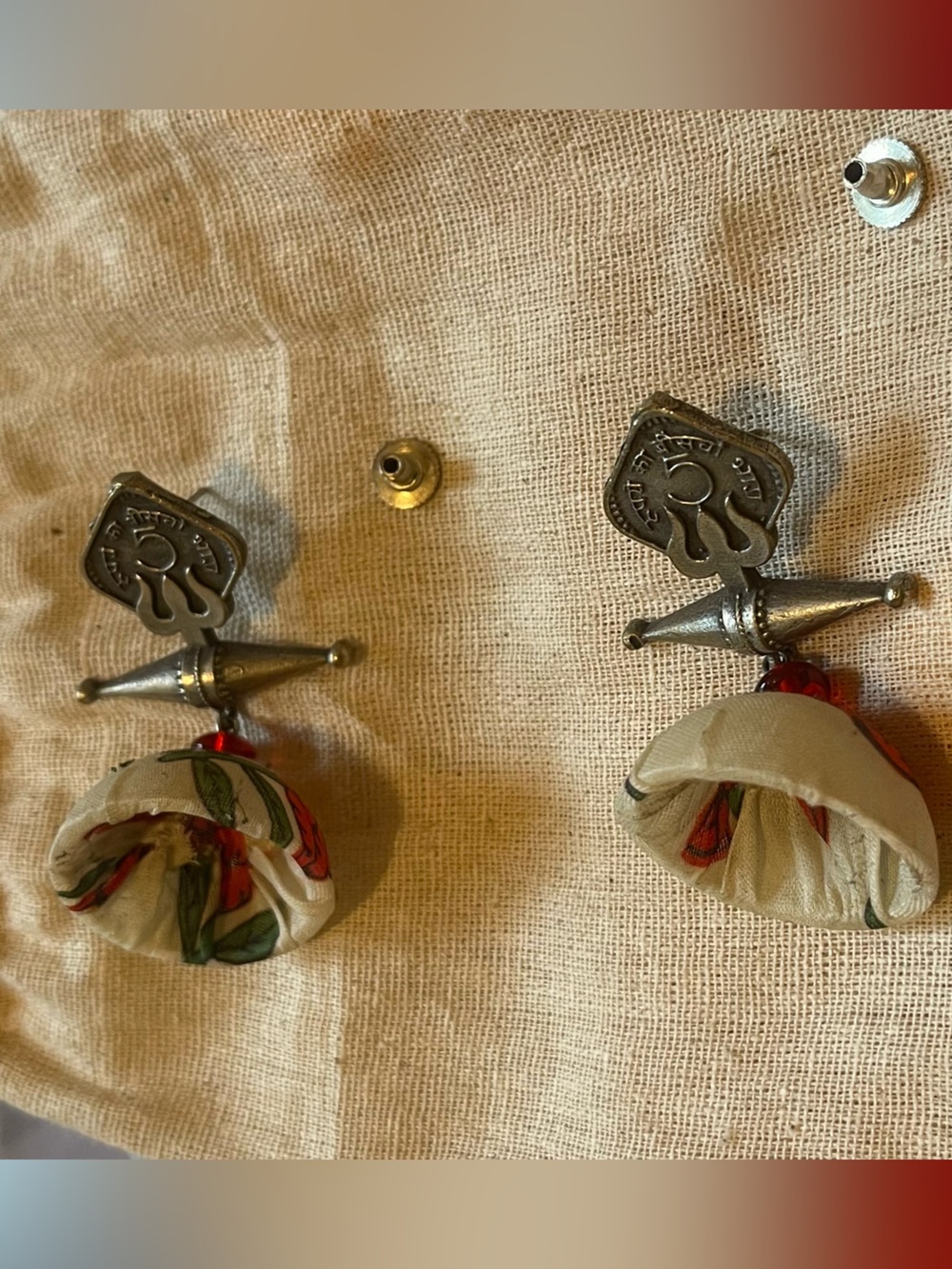 Handmade Floral Fabric Drop Earrings with Red Bead Accents